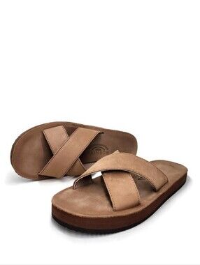 Rainbow X-Slide Tan Nubuck Leather Double Criss-Cross Straps Flat Sandal Slides